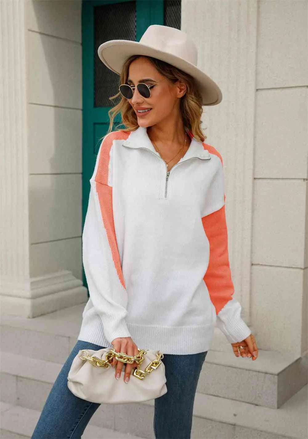 Two-Tone Collared Neck Dropped Shoulder Knit Top Trendsi