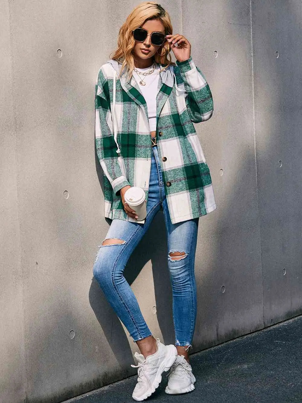 Plaid Dropped Shoulder Hooded Jacket Bazaarbey