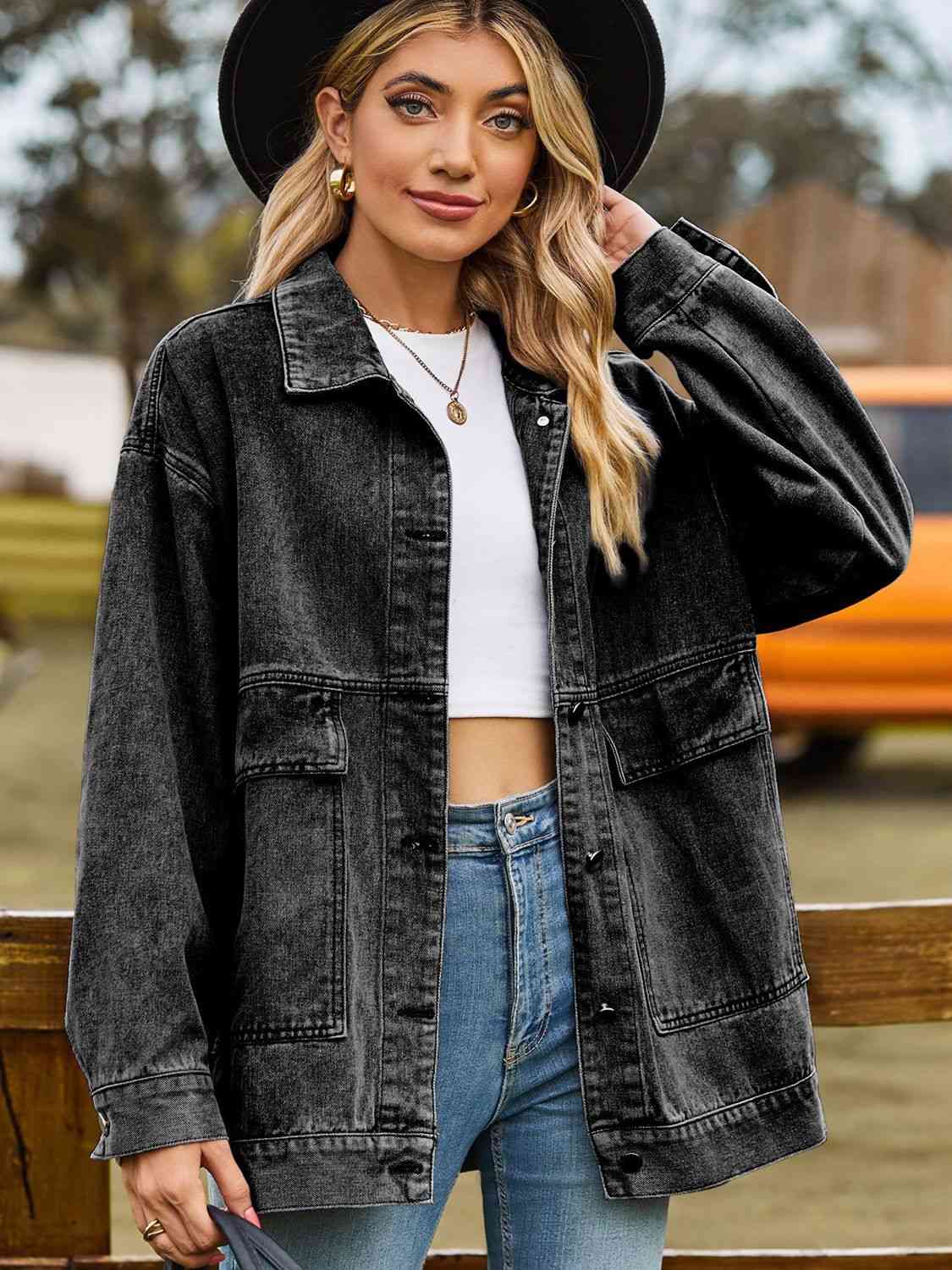 Dropped Shoulder Denim Jacket with Pockets Bazaarbey