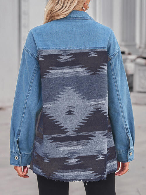 Geometric Raw Hem Button Up Denim Jacket Bazaarbey