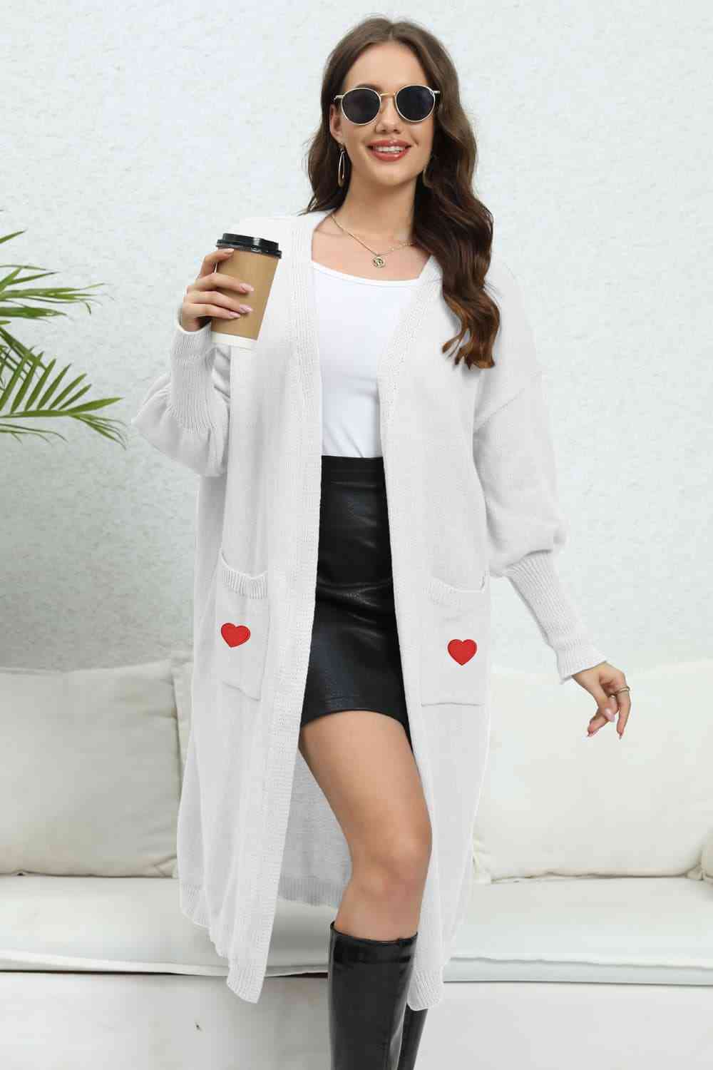 Lantern Sleeve Open Front Pocketed Cardigan Trendsi