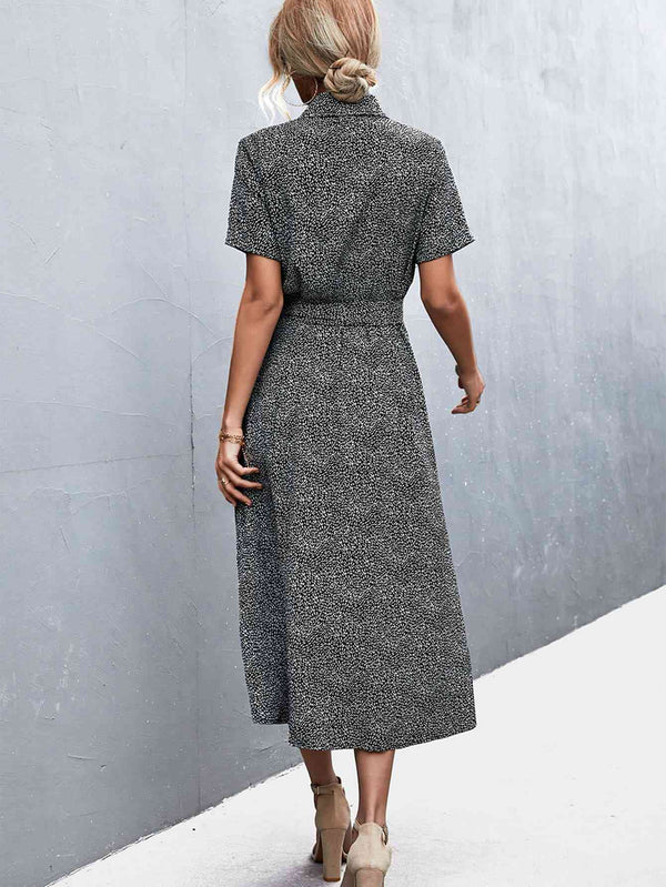 Printed Tie Waist Short Sleeve Shirt Dress -BazaarBey - www.shopbazaarbey.com