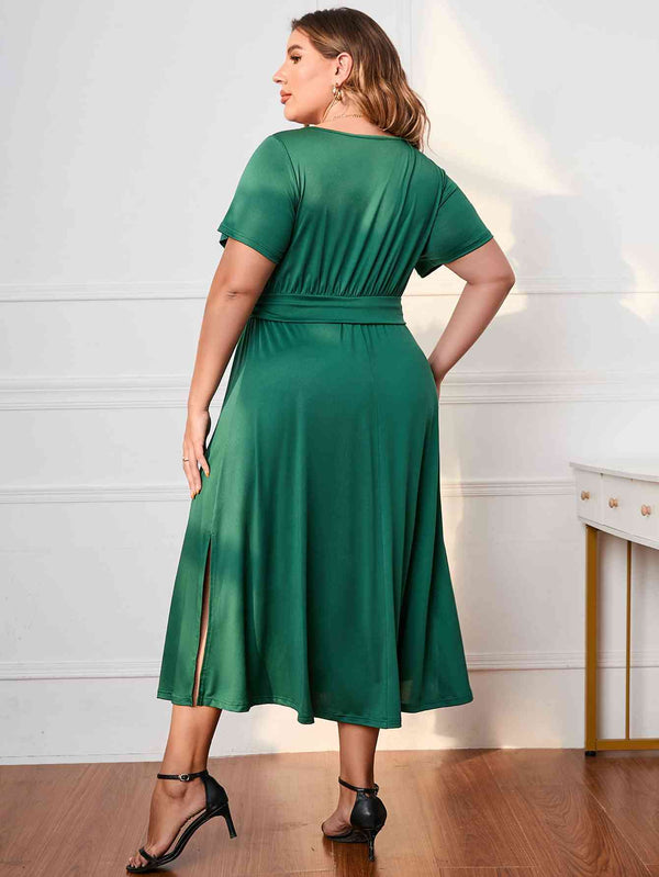 Plus Size Short Sleeve  Neck Midi Dress -BazaarBey - www.shopbazaarbey.com