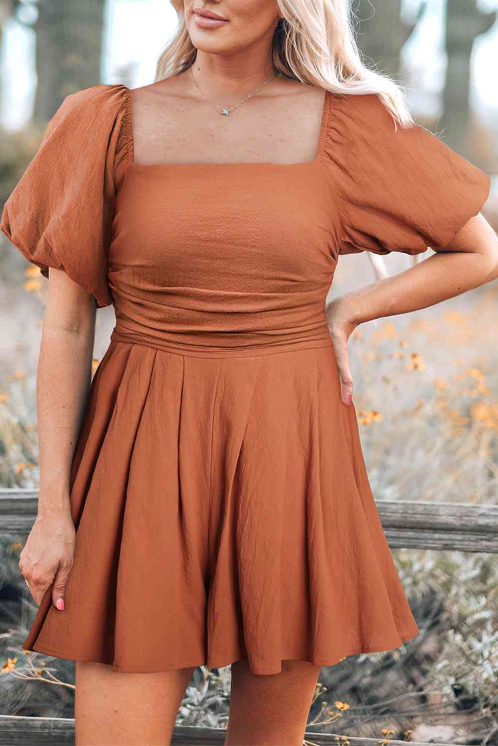 Square Neck Pleated Romper with Pockets -BazaarBey - www.shopbazaarbey.com