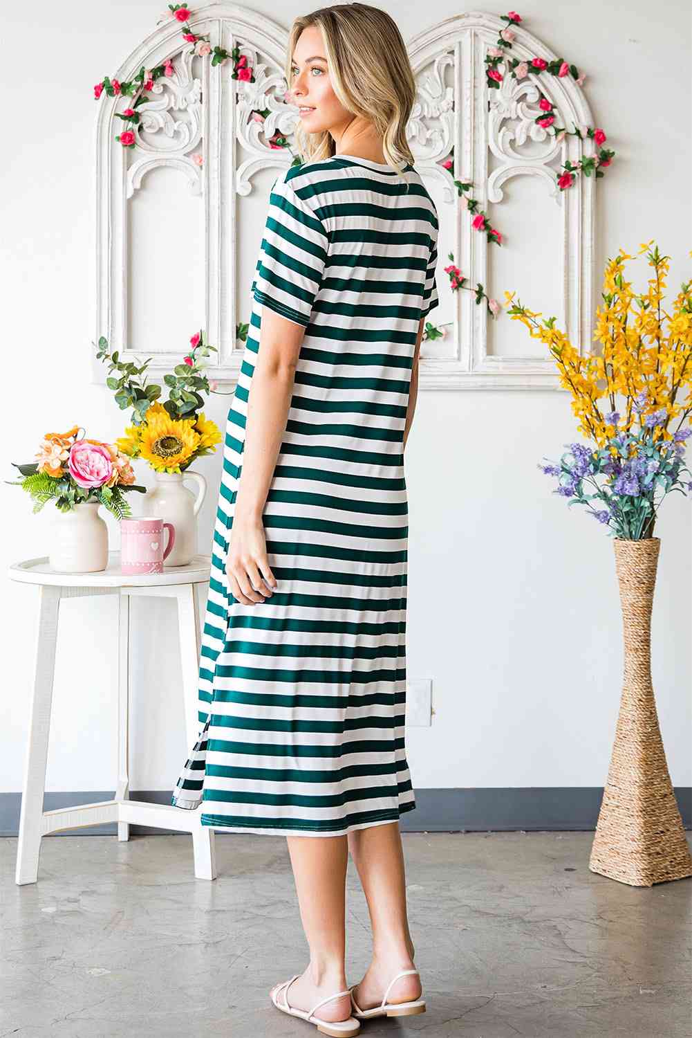 Striped V-Neck Short Sleeve Side Slit Dress -BazaarBey - www.shopbazaarbey.com