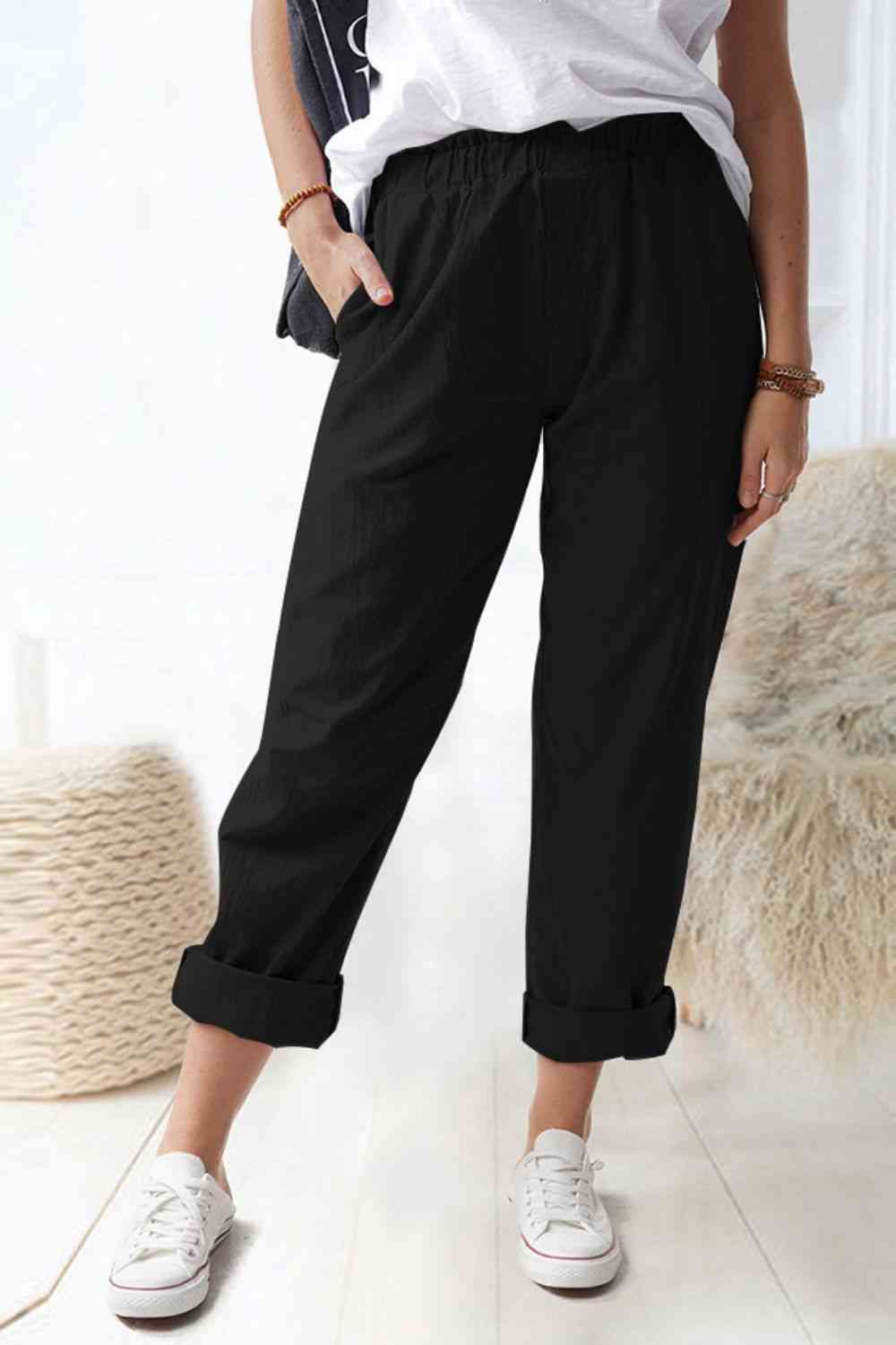 Waist Pull-On Pants with Pockets Bazaarbey