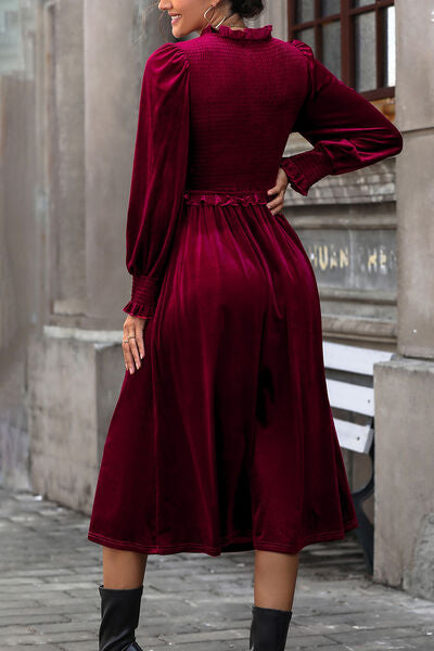 Smocked Lantern Sleeve Midi Dress -BazaarBey - www.shopbazaarbey.com