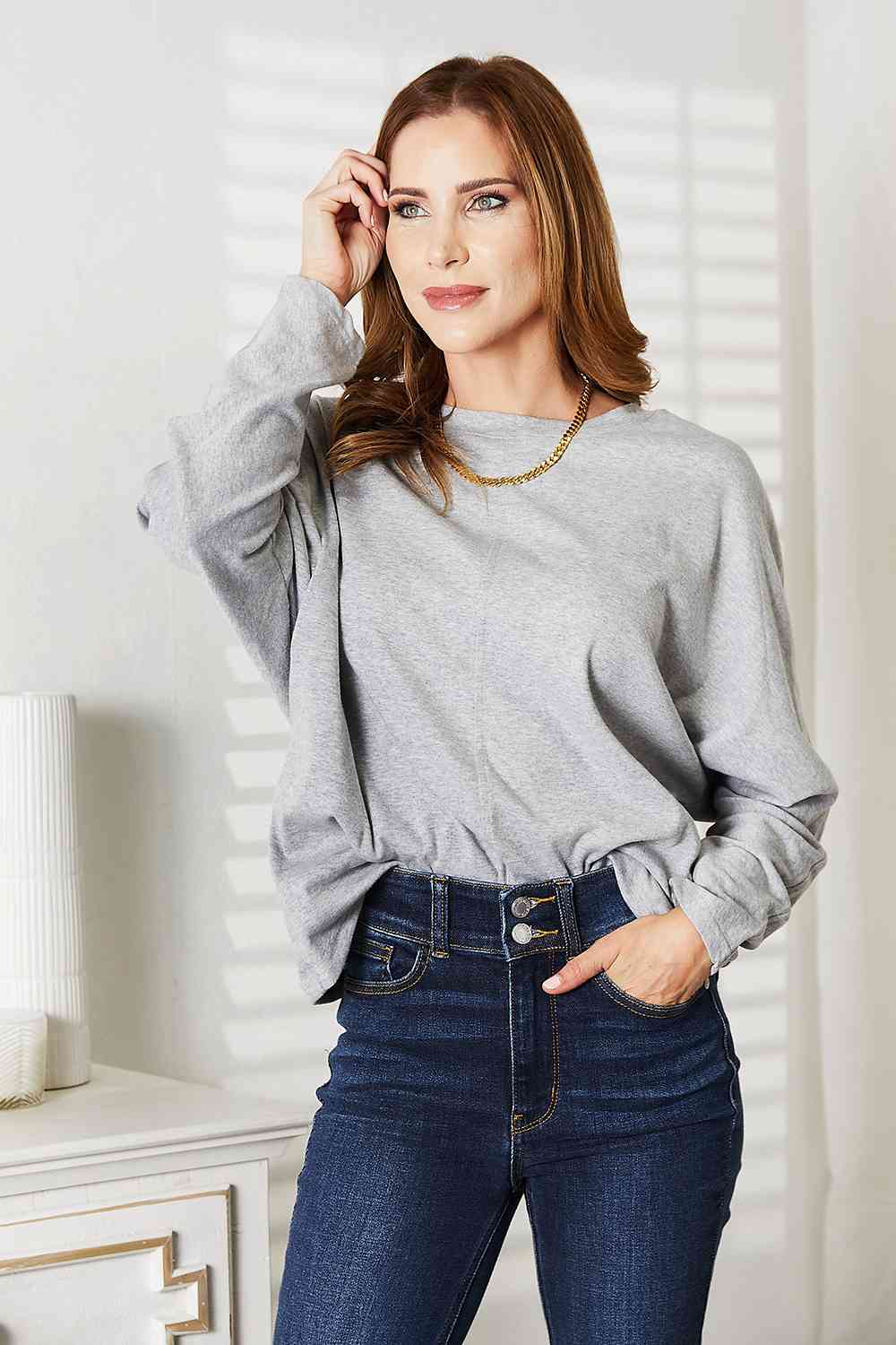  Seam Detail Round Neck Long Sleeve Top Trendsi