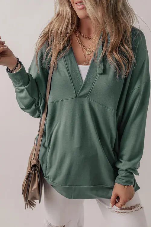 BazaarBey V-Neck Long Sleeve Hooded Top Trendsi