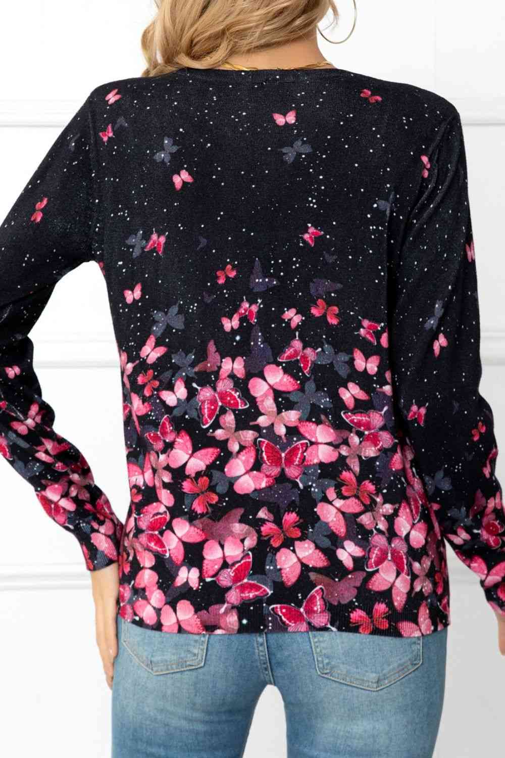  Floral Button Front Round Neck Cardigan Trendsi