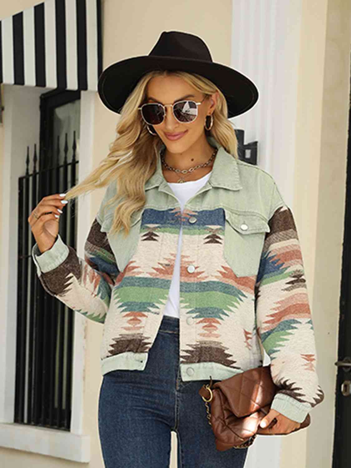 Printed Dropped Shoulder Long Sleeve Denim Jacket Bazaarbey