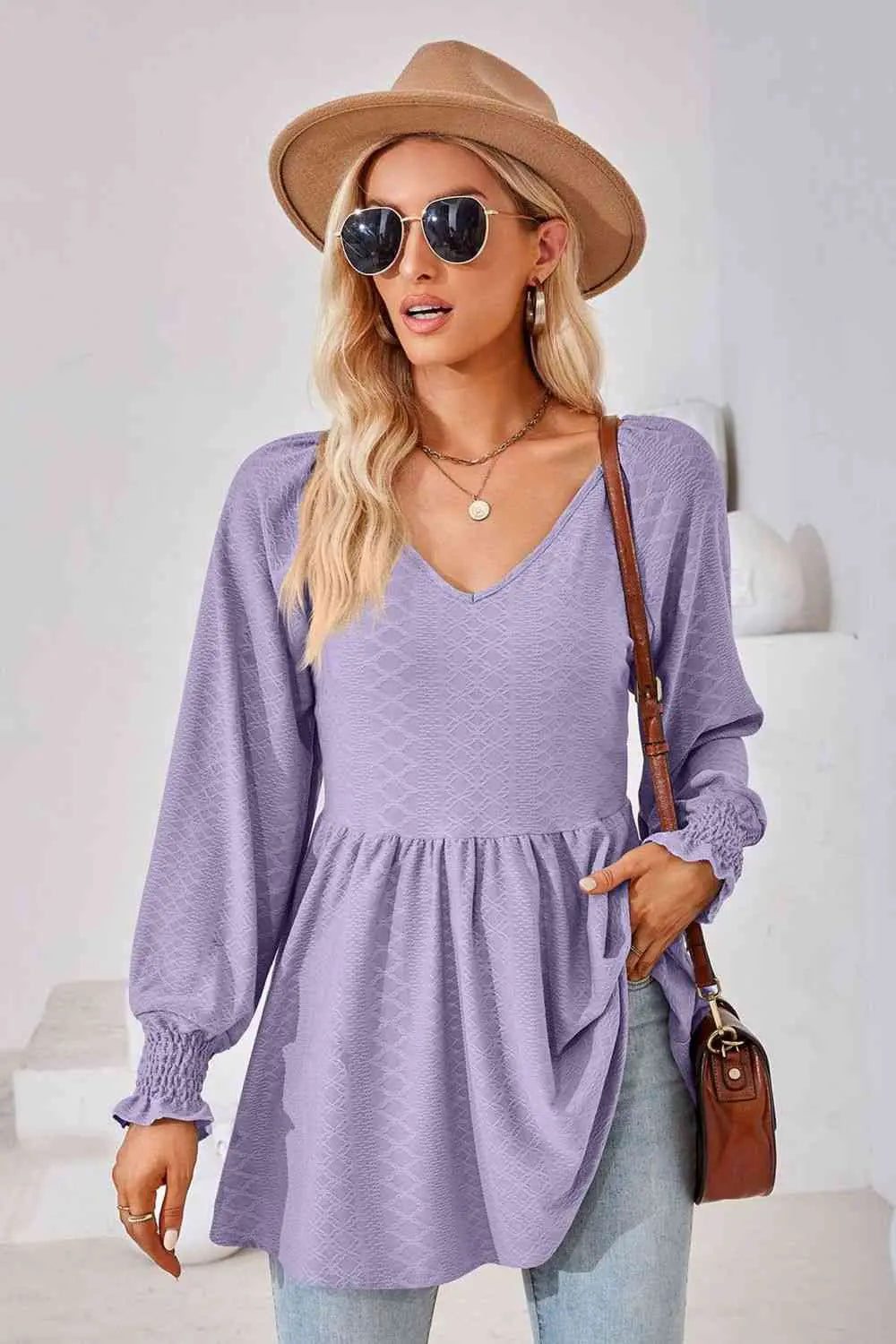 BazaarBey V-Neck Lantern Sleeve Blouse Bazaarbey