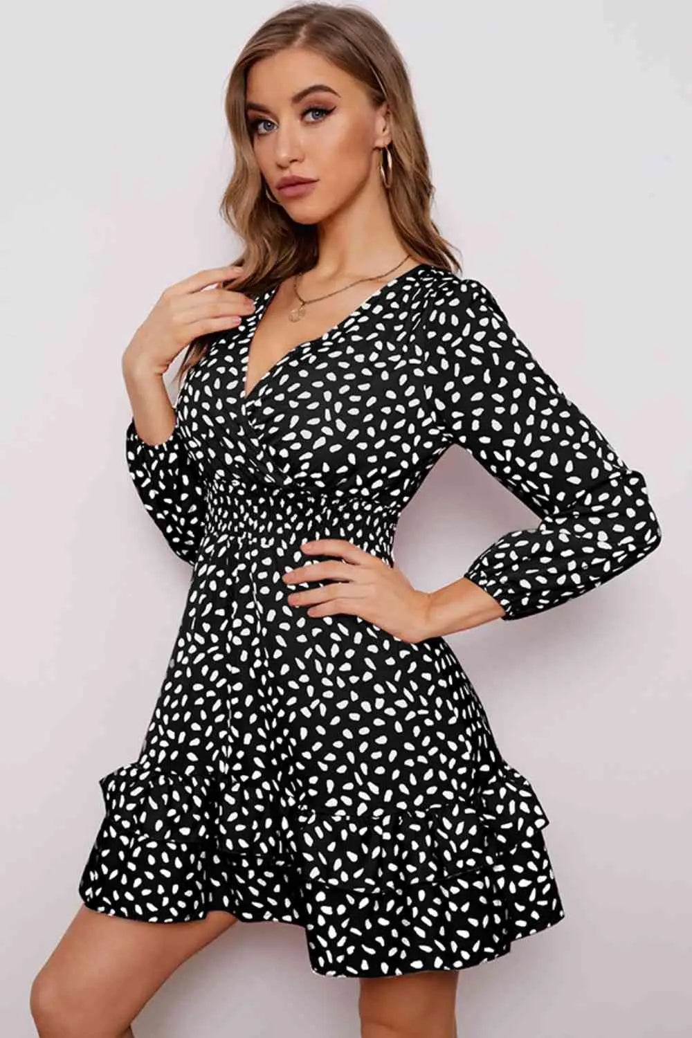 Printed  Neck Puff Sleeve Ruffle Hem Dress -BazaarBey - www.shopbazaarbey.com