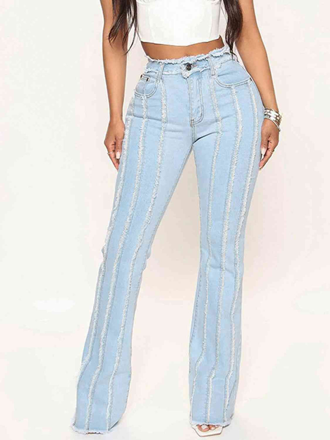 Striped Raw Hem Jeans Trendsi