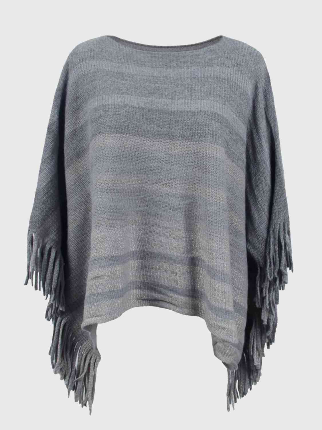 Striped Boat Neck Poncho with Fringes Bazaarbey
