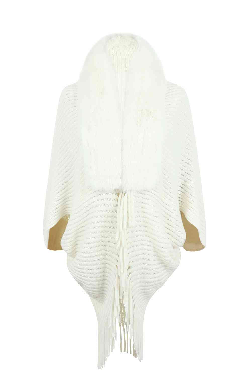 Fringe Detail Long Sleeve Ribbed Poncho Bazaarbey