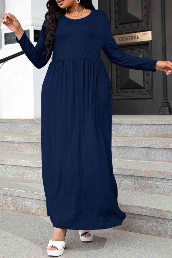Plus Size Round Neck Long Sleeve Maxi Dress with Pockets -BazaarBey - www.shopbazaarbey.com