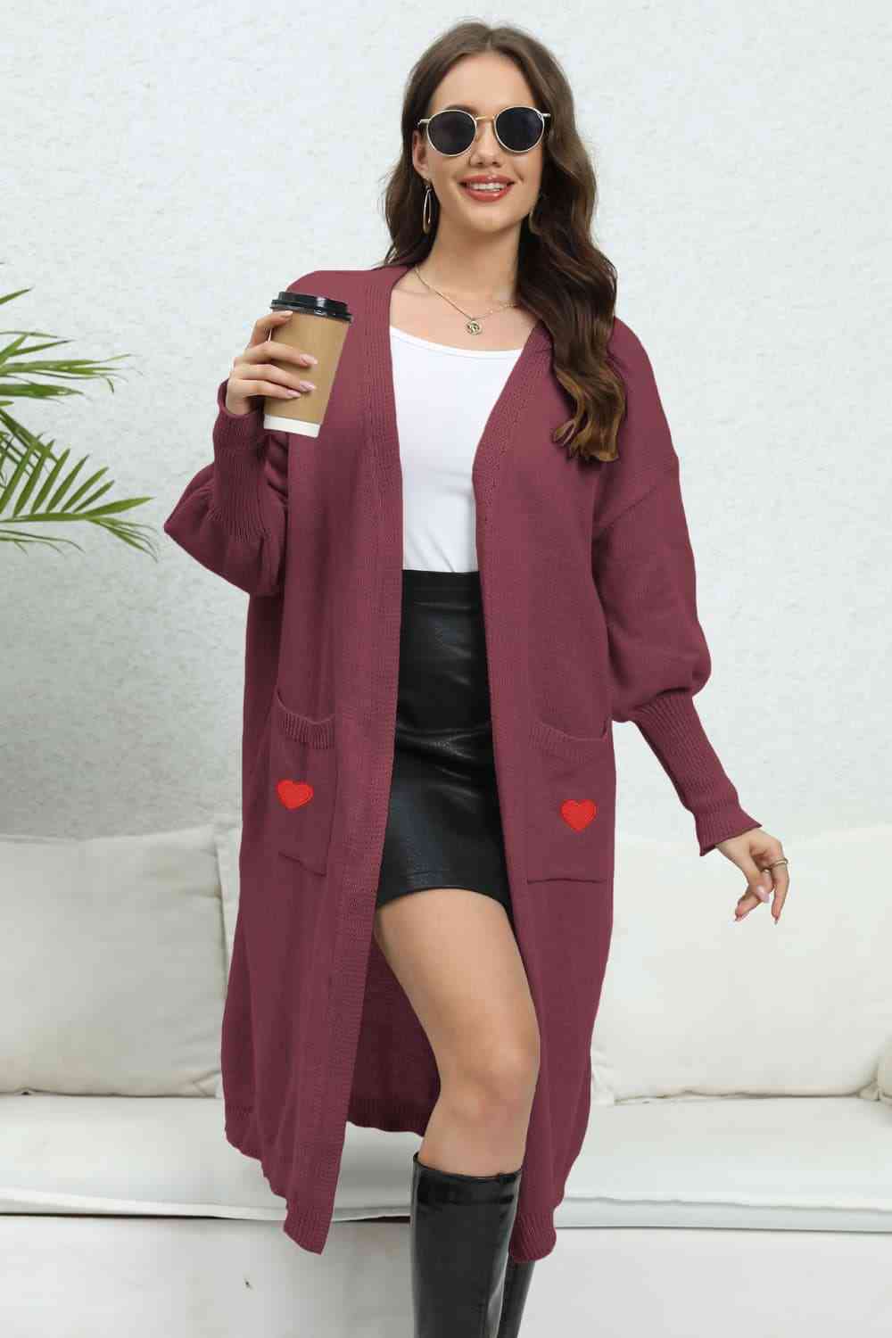 Lantern Sleeve Open Front Pocketed Cardigan Trendsi