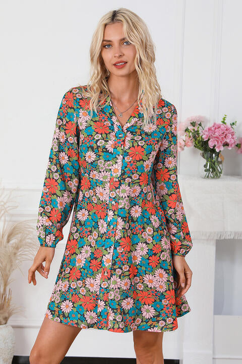 Floral Button Front Collared Neck Shirt Dress -BazaarBey - www.shopbazaarbey.com