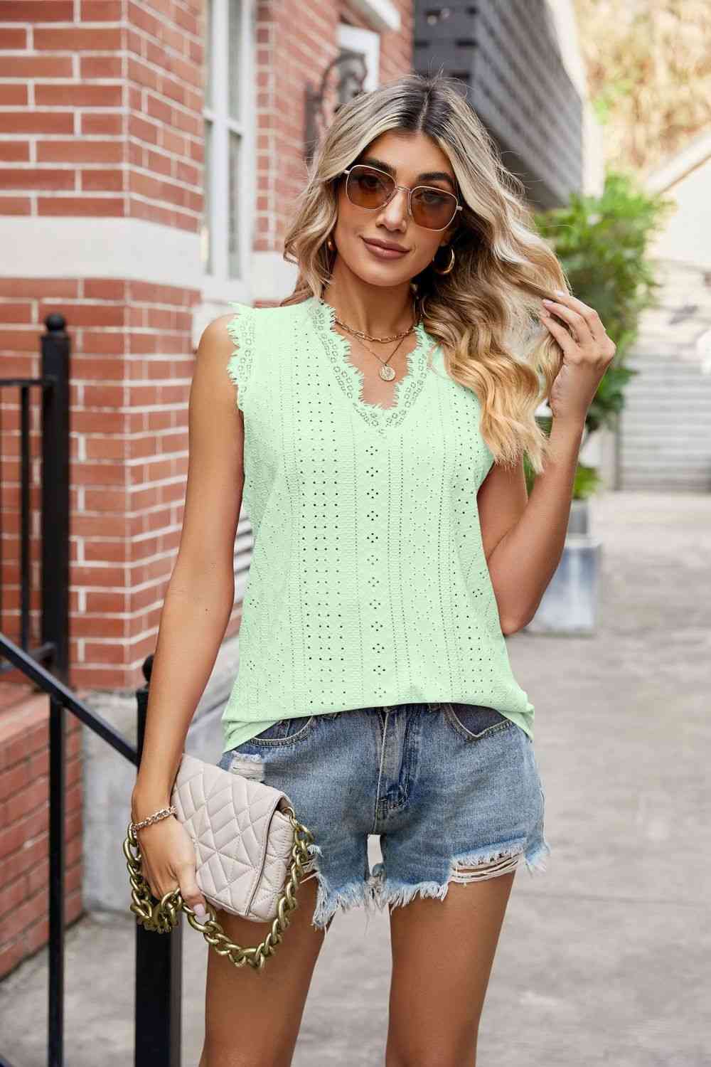  Lace Trim Eyelash V-Neck Tank Bazaarbey