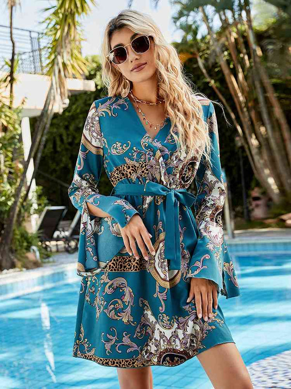 Printed Tie Belt Slit Flare Sleeve Dress -BazaarBey - www.shopbazaarbey.com