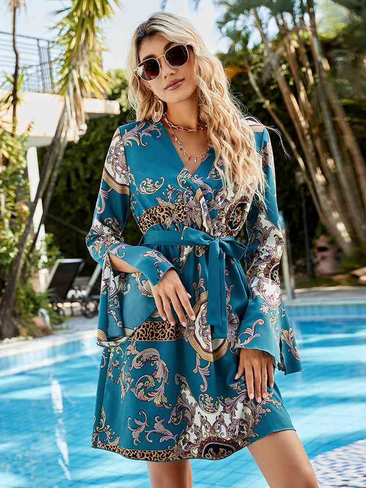 Printed Tie Belt Slit Flare Sleeve Dress -BazaarBey - www.shopbazaarbey.com