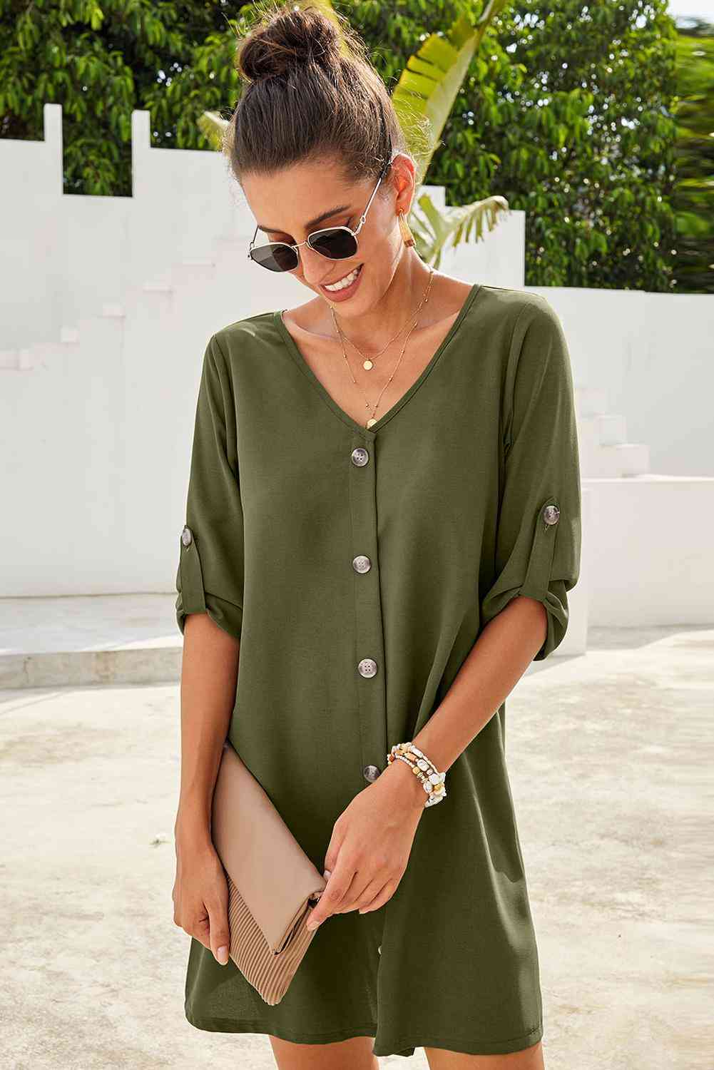 Buttoned V-Neck Dress -BazaarBey - www.shopbazaarbey.com