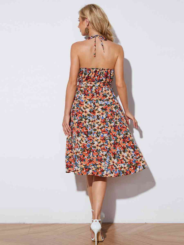 Floral Halter Neck Tie-Waist Backless Dress -BazaarBey - www.shopbazaarbey.com
