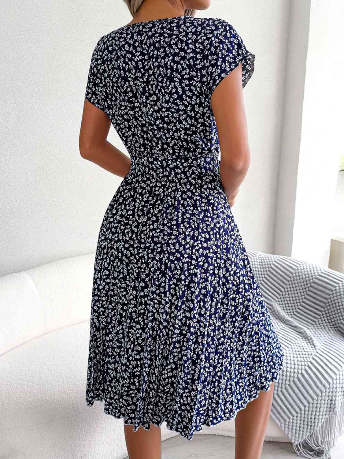  Floral Pleated Belted Dress -BazaarBey - www.shopbazaarbey.com