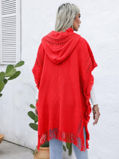 Fringe Trim Buttoned Hooded Poncho Bazaarbey