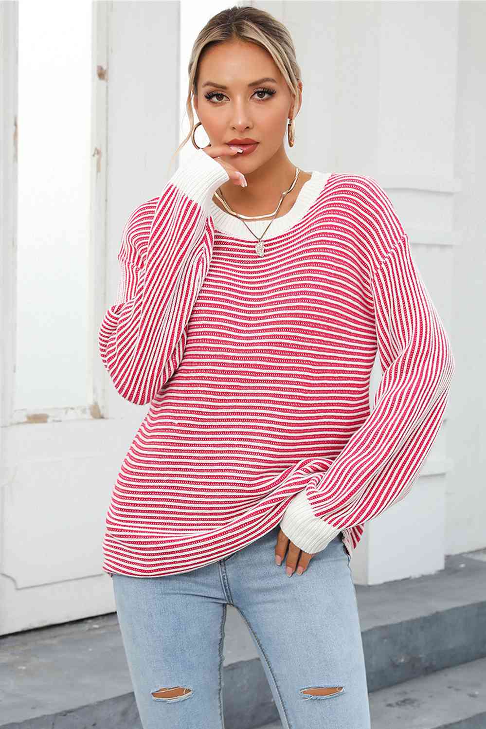 Striped Round Neck Long Sleeve Knit Top Trendsi