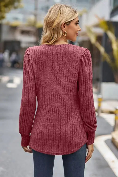 Ribbed Round Neck Long Sleeve Knit Top Trendsi