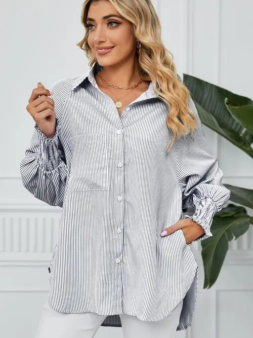 Striped Button Up Smocked Long Sleeve Shirt Bazaarbey