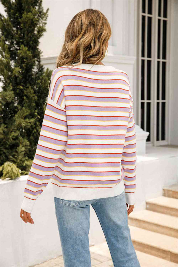 Striped Round Neck Dropped Shoulder Knit Top Trendsi