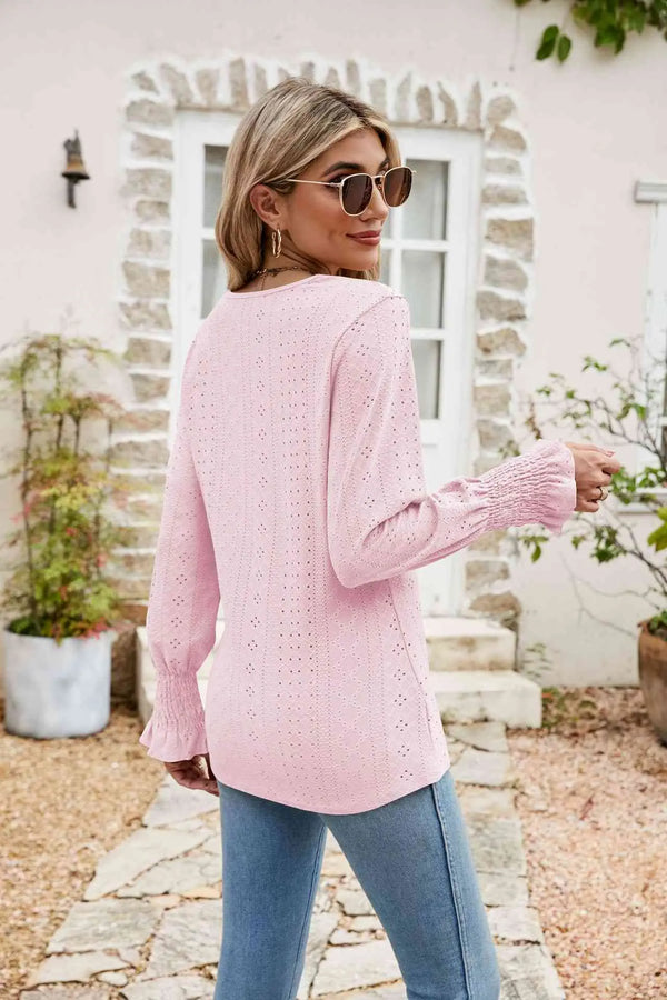  V-Neck Smocked Flounce Sleeve Blouse Bazaarbey