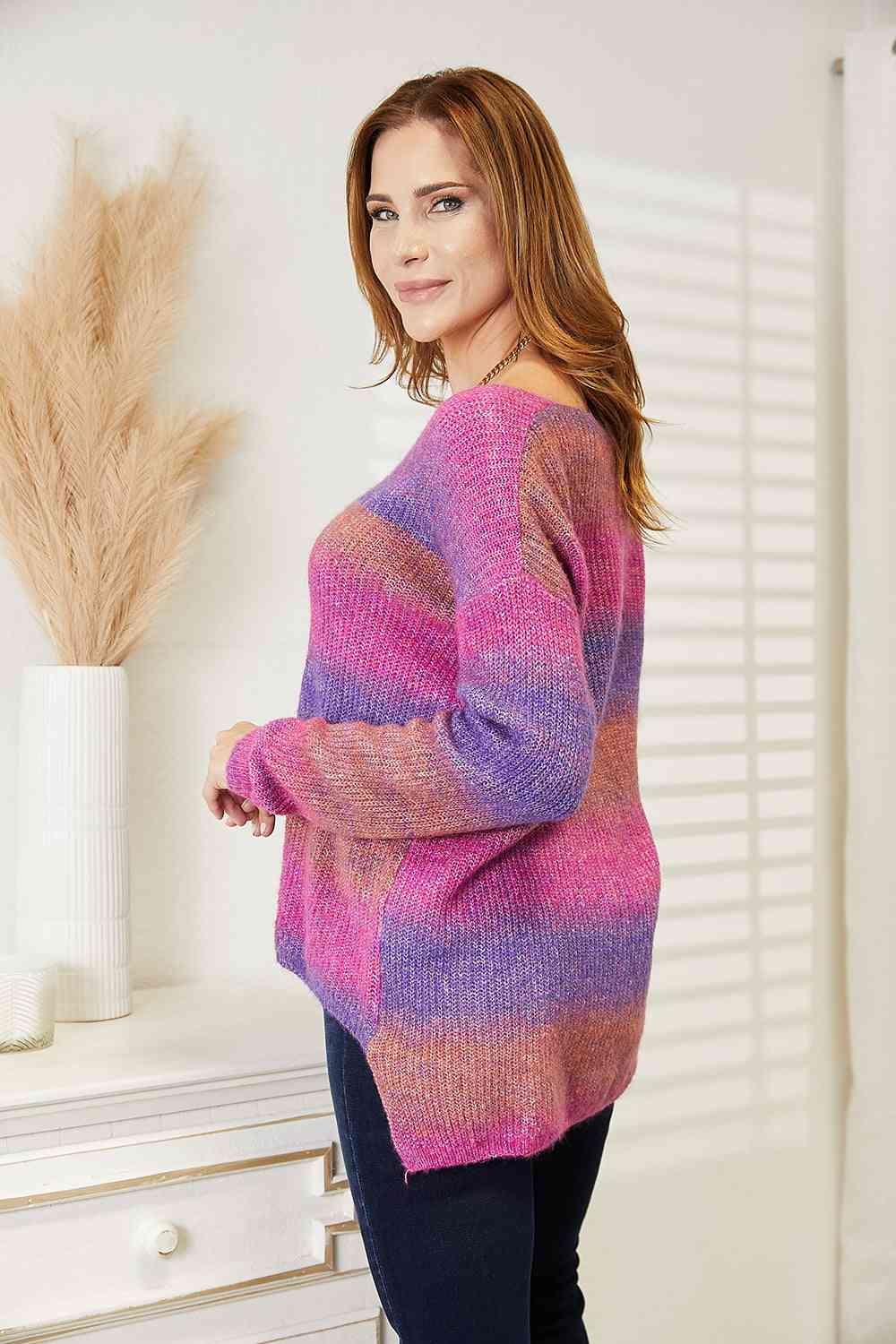  Multicolored Rib-Knit V-Neck Knit Pullover Bazaarbey