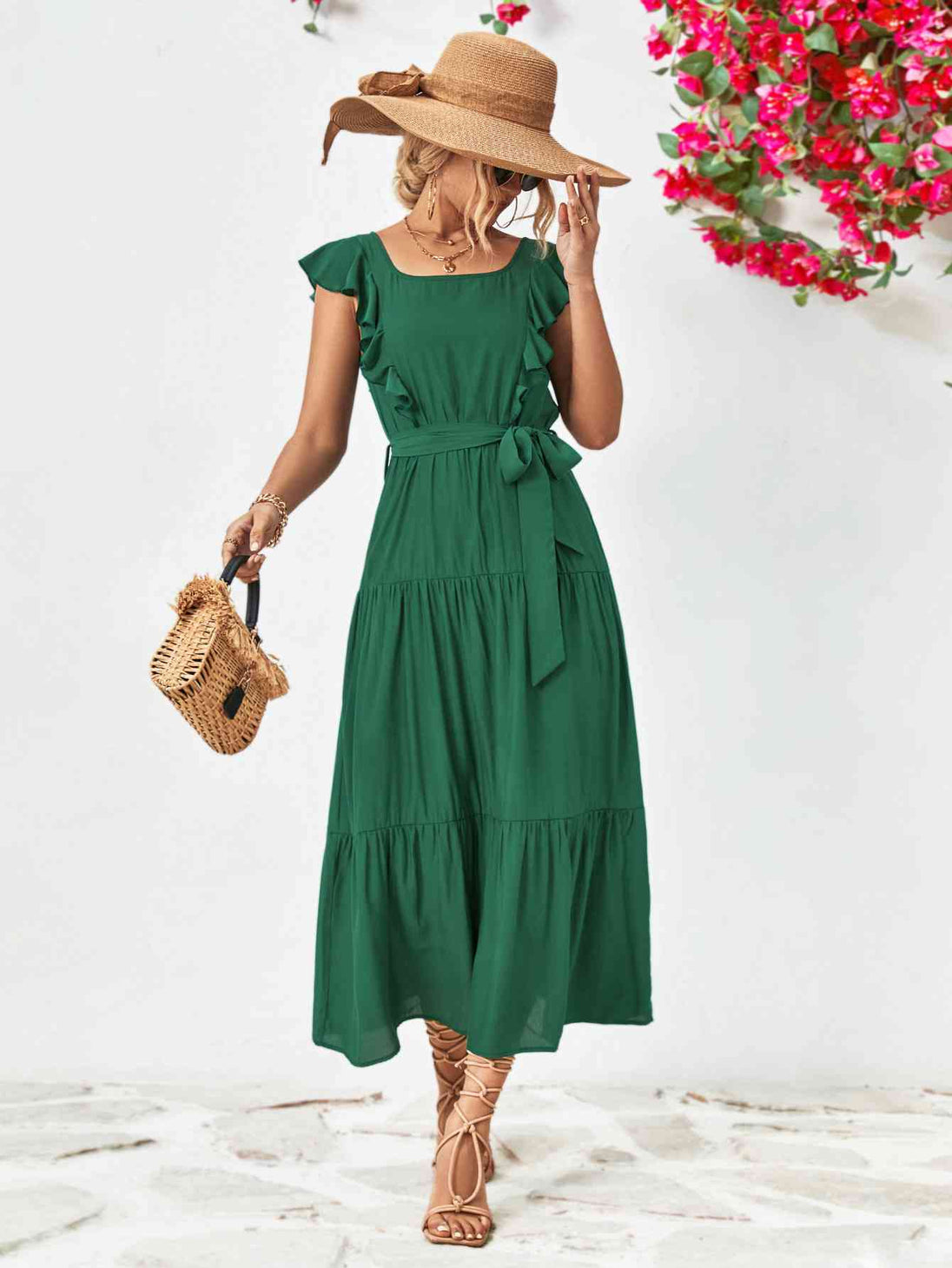Tie Belt Ruffled Tiered Dress -BazaarBey - www.shopbazaarbey.com