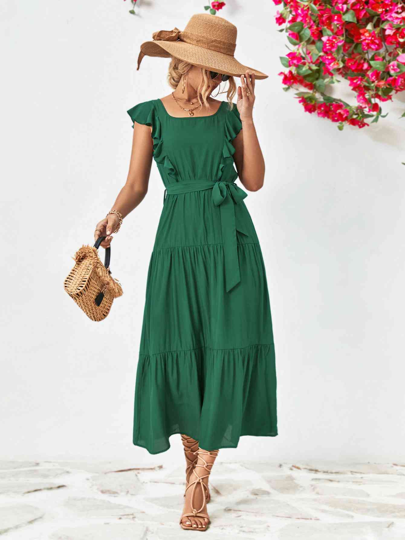 Tie Belt Ruffled Tiered Dress -BazaarBey - www.shopbazaarbey.com
