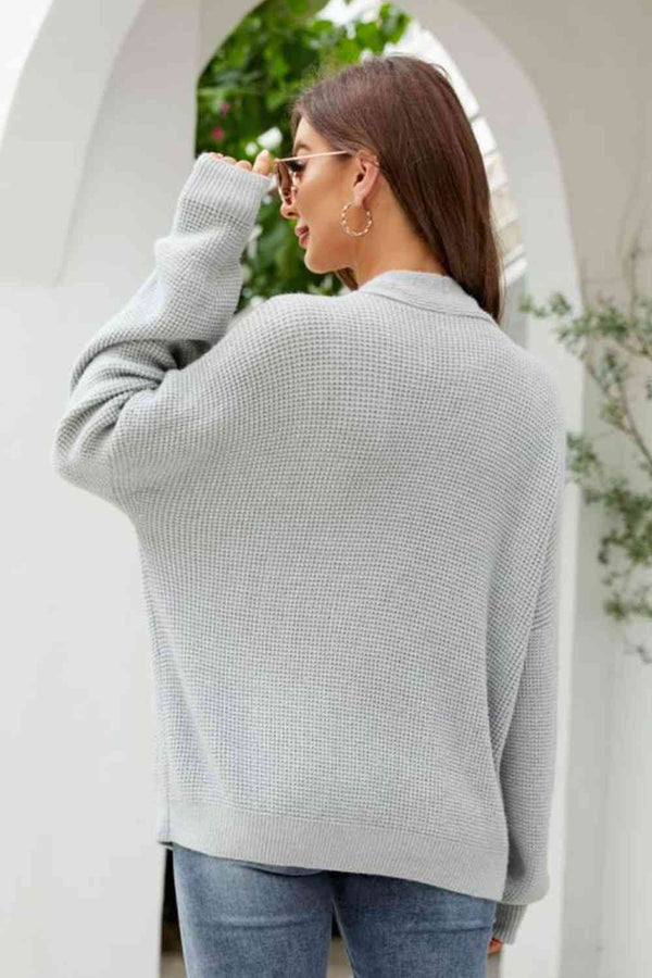 Waffle-Knit Dropped Shoulder Cardigan Bazaarbey