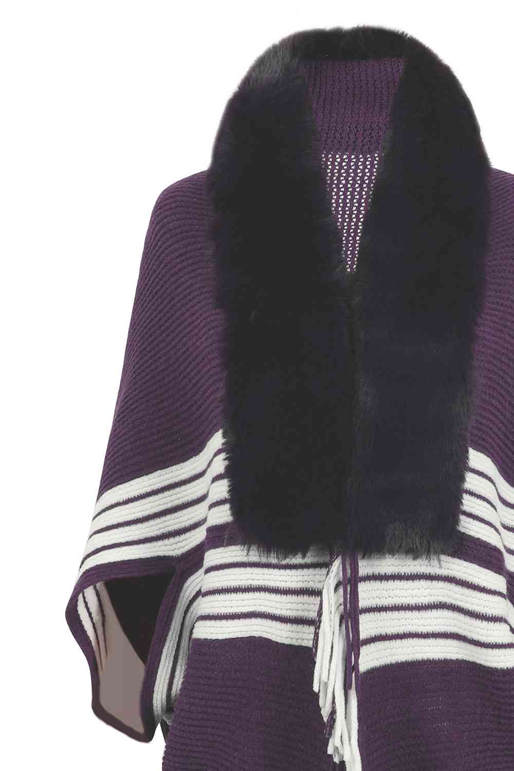Striped Fringe Detail Long Sleeve Poncho Bazaarbey