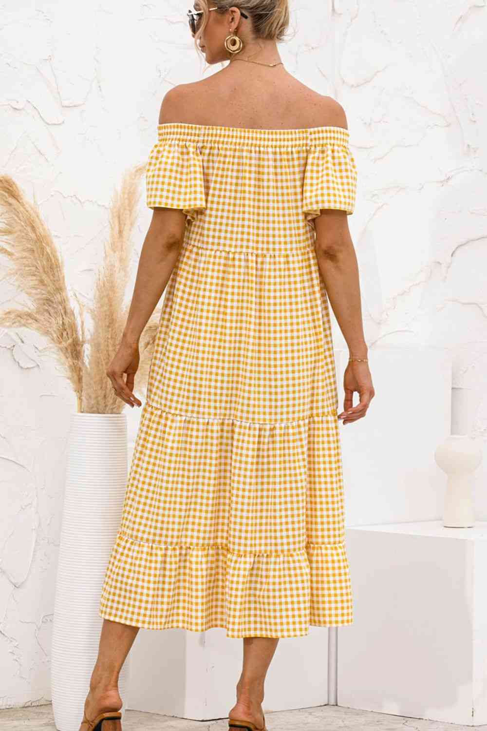 Plaid Off-Shoulder Tiered Midi Dress -BazaarBey - www.shopbazaarbey.com