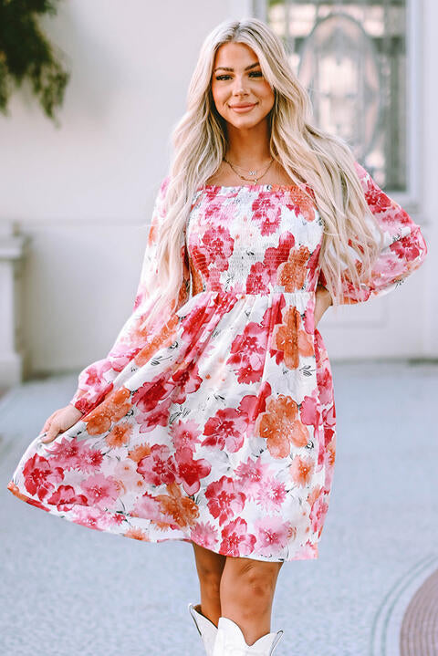 Floral Smocked Square Neck Long Sleeve Dress -BazaarBey - www.shopbazaarbey.com