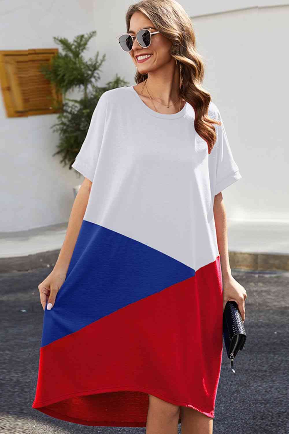 Color Block Round Neck Short Sleeve Dress -BazaarBey - www.shopbazaarbey.com