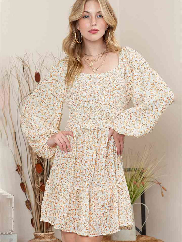 Printed Square Neck Long Sleeve Smocked Dress -BazaarBey - www.shopbazaarbey.com