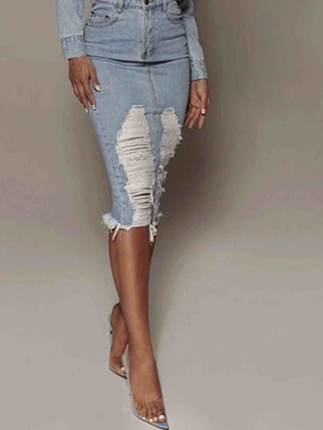 Distressed Slit Denim Skirt Trendsi