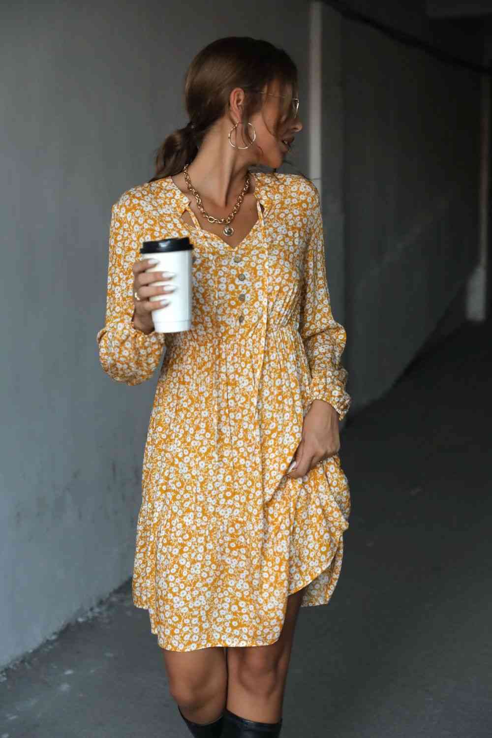 Floral Tie Neck Buttoned Balloon Sleeve Dress -BazaarBey - www.shopbazaarbey.com