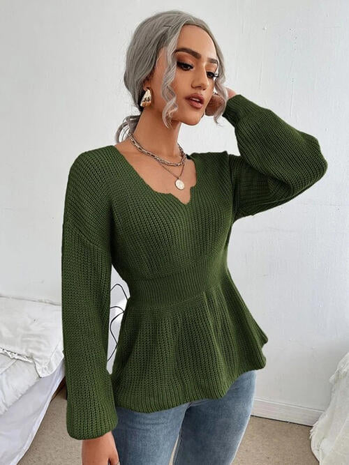 Notched Dropped Shoulder Knit Top Trendsi