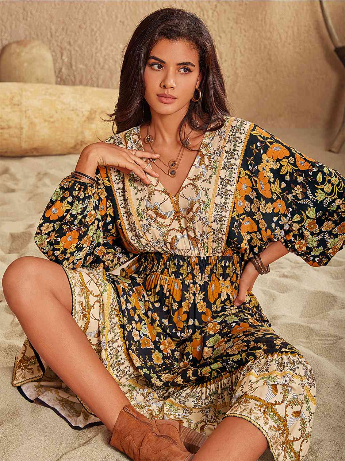 V-Neck Smocked Balloon Sleeve Dress -BazaarBey - www.shopbazaarbey.com