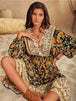 V-Neck Smocked Balloon Sleeve Dress -BazaarBey - www.shopbazaarbey.com