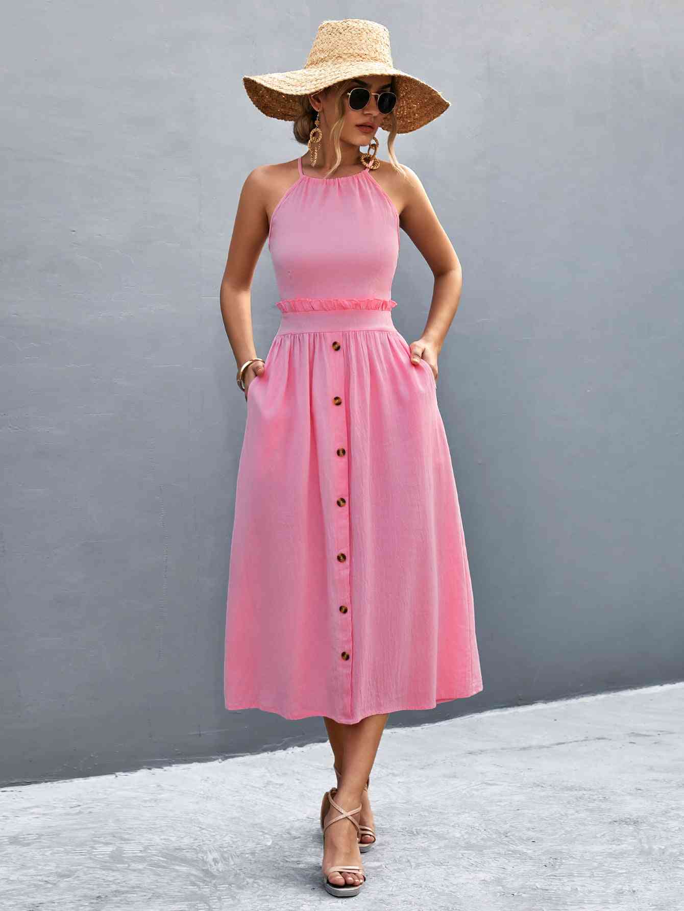 Buttoned Halter Neck Frill Trim Midi Dress -BazaarBey - www.shopbazaarbey.com